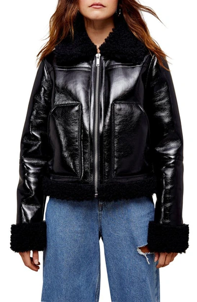 Topshop Faux Leather Biker Jacket With Faux Fur Trim In Black