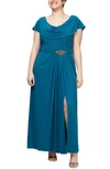 Alex Evenings Embellished-waist Cowlneck Gown In Teal