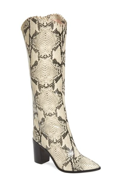 Schutz Maryana Block Heel Boots Womens Crocodile Pull On Knee-high Boots In Natural