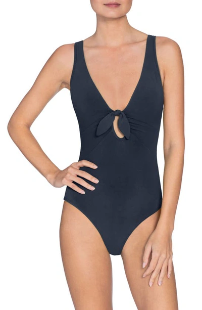 Robin Piccone Plunge Neck Tie-front One Piece Swimsuit In Navy