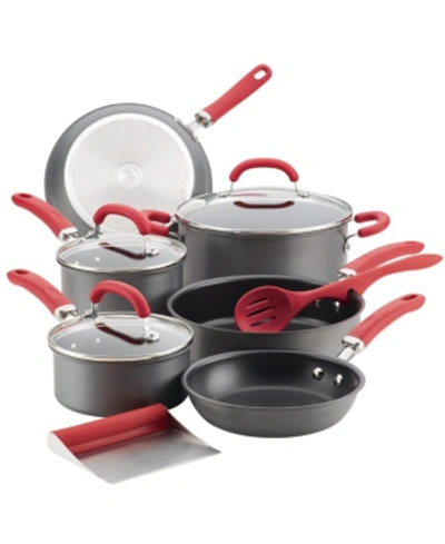 Rachael Ray Create Delicious Hard-anodized Aluminum 11-pc. Nonstick Cookware Set In Gray With Red Handles