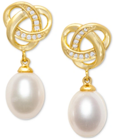 Macy's Cultured Freshwater Pearl (7 X 9mm) And Cubic Zirconia Knot Earring In 18k Gold Over Sterling Silver