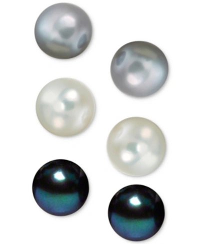 Macy's Cultured Freshwater Pearl (8mm) 3 Stud Set In White, Grey & Peacock In Sterling Silver