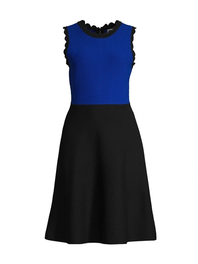 Milly Scalloped Colorblock Sleeveless Fit-&-flare Dress In Black/azure