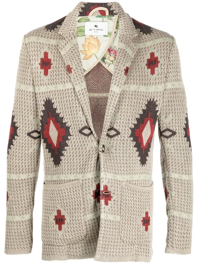 Etro Single Breasted Geometric-knit Cardigan In Beige