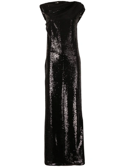 Attico Asymmetrical Draped Sequin Gown In Black