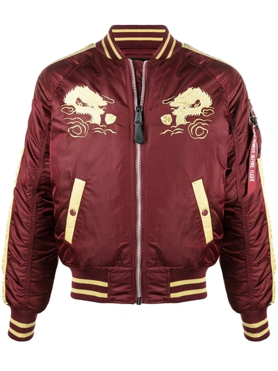 Alpha Industries Embroidered Dragon Bomber Jacket In Red