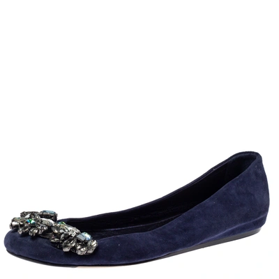 Pre-owned Le Silla Blue Suede Crystal Embellished Ballet Flats Size 36