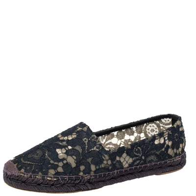 Pre-owned Dolce & Gabbana Blue Floral Lace Espadrille Flats Size 39