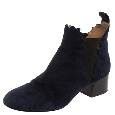 Pre-owned Chloé Navy Blue Suede Lauren Block Heels Ankle Boots Size 38