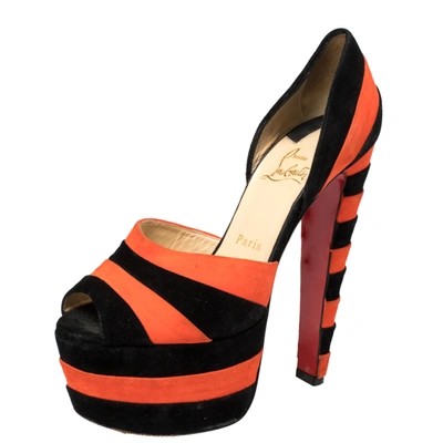 Pre-owned Gucci Black/orange Suede Striped Platform Peep Toe Sandals Size 36 In Multicolor