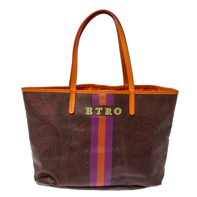 Pre-owned Etro Brown/orange Paisley Coated Canvas Small Shopper Tote