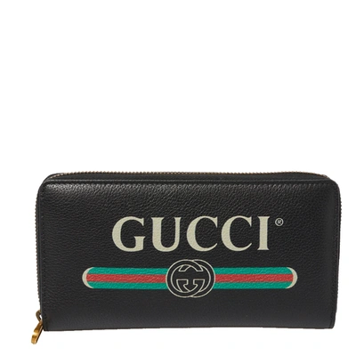 Pre-owned Gucci Black Soft Leather Logo Print Zip Around Continental Wallet