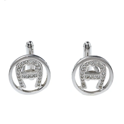 Pre-owned Aigner Crystal Logo Silver Tone Cufflinks