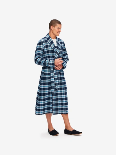 Derek Rose Men's Piped Dressing Gown Kelburn 14 Brushed Cotton Check Navy