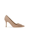 Manolo Blahnik Maysale Suede Pointed-toe Buckle Pumps In Nude