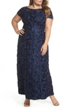 Alex Evenings Rosette Lace Short Sleeve A-line Gown In Navy