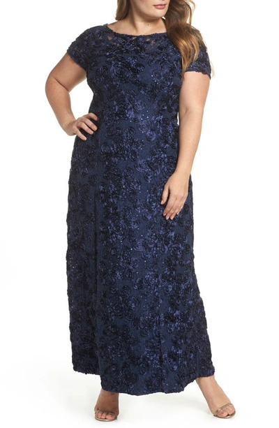 Alex Evenings Rosette Lace Short Sleeve A-line Gown In Navy