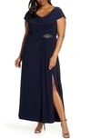 Alex Evenings Cowl Neck Beaded Waist Gown In Navy