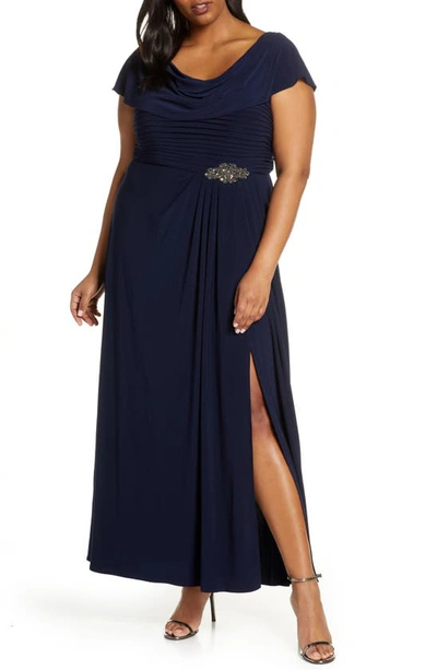 Alex Evenings Cowl Neck Beaded Waist Gown In Navy