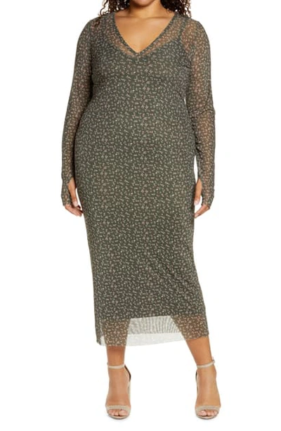 Afrm Power Mesh Long Sleeve Midi Dress In Olive Tulip