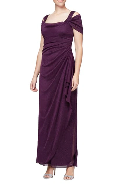 Alex Evenings Cold Shoulder Ruffle Glitter Gown In Plum