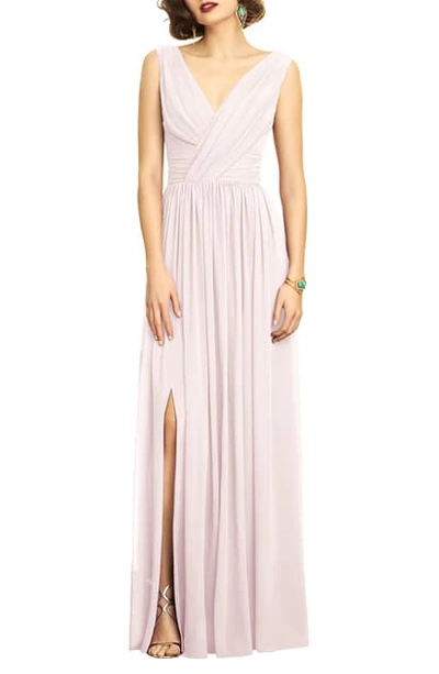 Dessy Collection Sleeveless Draped Chiffon Maxi Dress With Front Slit In Gold