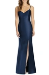 Alfred Sung V-neck Spaghetti-strap Sateen Twill Gown Bridesmaid Dress With Slit In Midnight