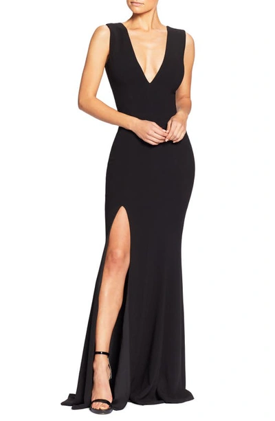 Dress The Population Sandra Plunging V-neck Sleeveless Crepe Gown In Black
