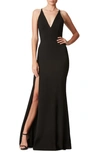 Dress The Population Iris Slit Crepe Gown In Black