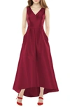 Alfred Sung Sleeveless V-neck Satin Dress With Pockets In Red