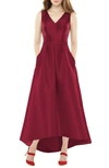 Alfred Sung Sleeveless V-neck Satin Dress With Pockets In Burgundy
