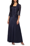 ALEX EVENINGS SEQUIN LACE & SATIN GOWN WITH JACKET,1121198