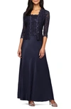 Alex Evenings Sequin Lace & Satin Gown With Jacket In Midnight