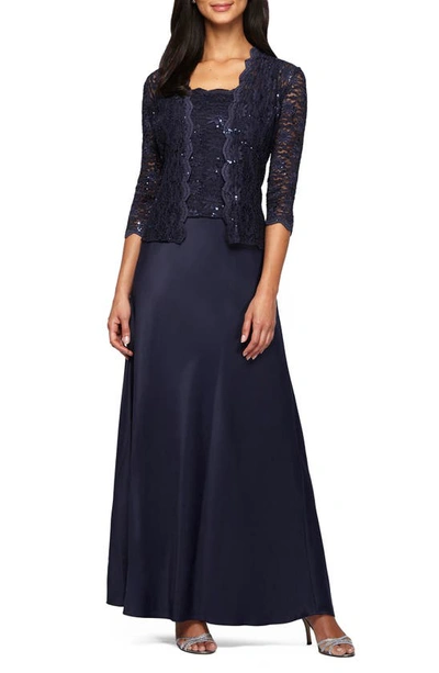 Alex Evenings Sequin Lace & Satin Gown With Jacket In Midnight