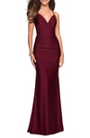 La Femme Form Fitting Jersey Dress With Ruching And Strappy Back In Burgundy