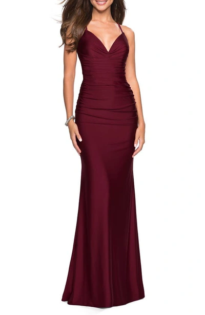 La Femme Net Jersey With Sheer Corset Style Bodice Prom Dress In Dark Berry In Red