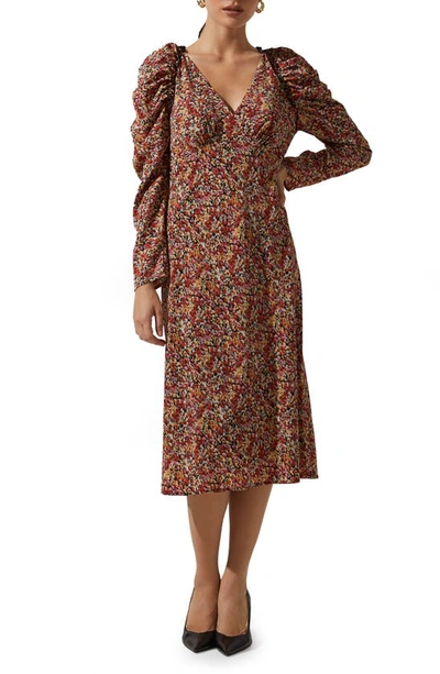 Astr Floral Ruched Long Sleeve Midi Dress In Black-red Multi Floral