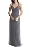 Levkoff Crisscross Strap Tulle A-line Gown In Pewter