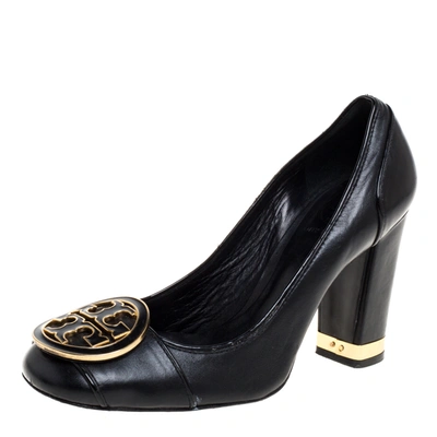Pre-owned Tory Burch Black Leather Reva Block Heel Pumps Size 36.5