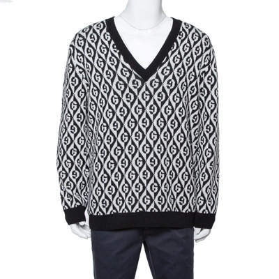 Pre-owned Gucci Monochrome Logo Intarsia Knit Oversized Jumper Xl In Black