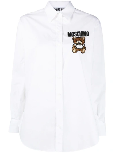 Moschino Teddy Bear Stretch Cotton Shirt In White