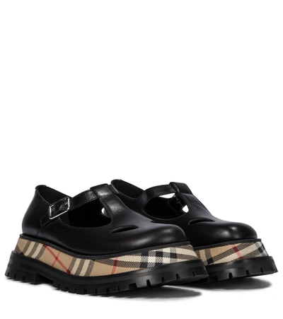 Burberry Aldwych House-check Leather T-bar Flats In Black/beige/red