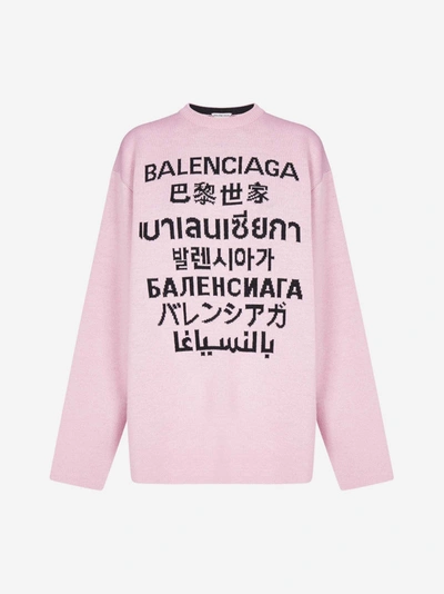 Balenciaga Multilingual Logo Wool Sweater In Pink