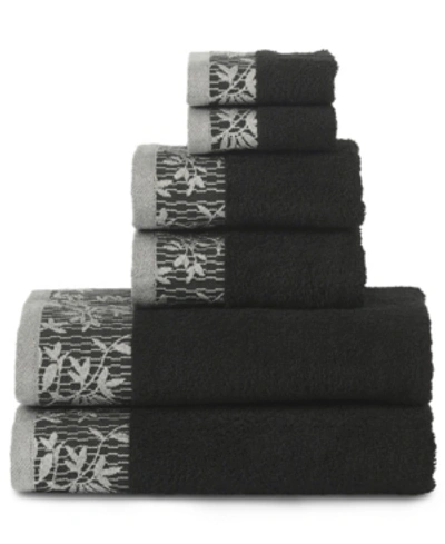 Superior Wisteria Floral Embroidered Jacquard Border Cotton 6 Piece Bath Towel Set In Black