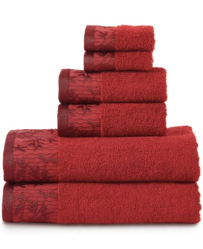 Superior Wisteria Floral Embroidered Jacquard Border Cotton Towel Set, 6 Piece In Red