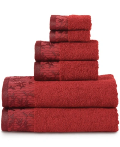 Superior Wisteria Floral Embroidered Jacquard Border Cotton 6 Piece Bath Towel Set In Red