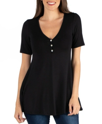 24seven Comfort Apparel Quarter Sleeve Tunic Top With Button Detail In Black