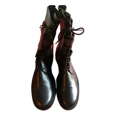 Pre-owned Versus Leather Biker Boots In Black