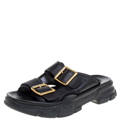 Pre-owned Gucci Black Leather Aguru Buckle Slide Sandals Size 42